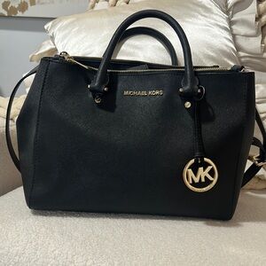 Michael Kors Black Leather Satchel with Gold Hardware